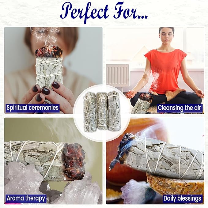 Bholi Sage Plus White Sage Sticks Pack of 3, Sage Smudge Kit 4'' Long Dried Sage Sticks for Meditation, Smudging and Cleansing, Getting Rid of Negative Energy