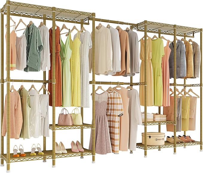 H5 Pro Heavy Duty Clothes Rack Wardrobe Closet for Hanging Clothes, Freestanding Garment Rack with Expandable Hanger Rods, Closet Organizer and Storage, (97.7-115.4")L x 15.7"W x 75.4"H, Gold