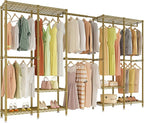 H5 Pro Heavy Duty Clothes Rack Wardrobe Closet for Hanging Clothes, Freestanding Garment Rack with Expandable Hanger Rods, Closet Organizer and Storage, (97.7-115.4")L x 15.7"W x 75.4"H, Gold