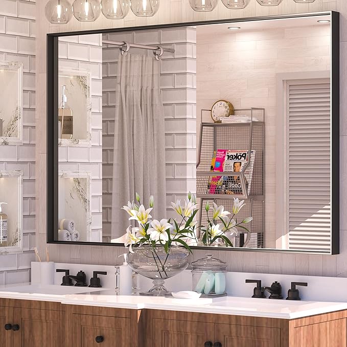 Keonjinn 55 x 36 Inch Black Mirror for Bathroom, Matte Black Large Rectangle Vanity Mirror, Metal Framed Farmhouse Mirrors, Modern Rectangular Wall Mirrors with Square Corner