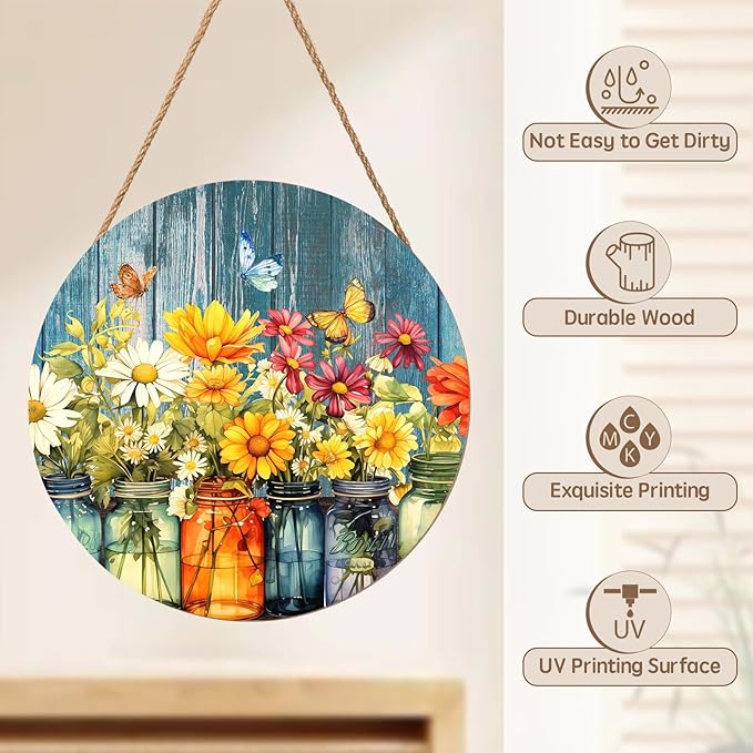 Harooni Spring Summer Floral Door Sign Decor Spring Welcome Wreaths for Front Door Summer Wildflower Vase Butterfly Wood Wreath Farmhouse Front Door Hanger Sign for Indoor Outdoor Decor 12 Inch