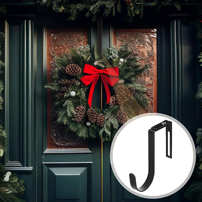 LEIFIDE 4 Pcs Width Adjustable Wreath Hanger for Front Door 1.5-3.78" Large Over the Door 4th of July Decoration Hook 20 Lbs Capacity(Black)