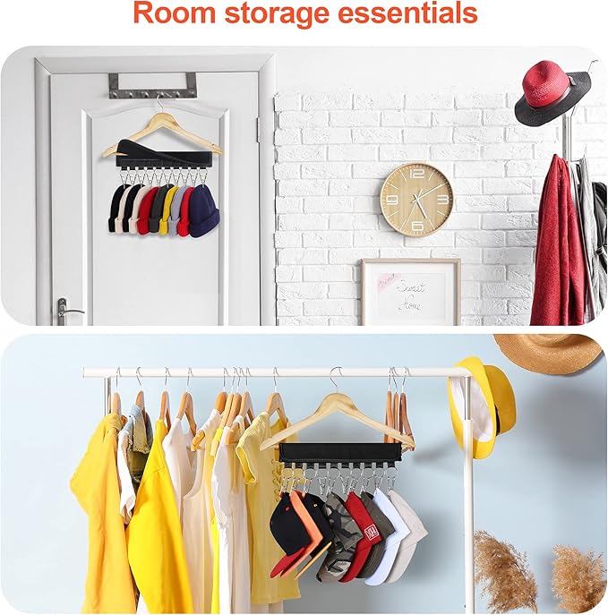 Hat Rack for Baseball Caps Hat Organizer Holder for Hanger & Room Closet Display, 2Pack 10 Hat Storage Clips for Hang Ball Caps Beanie, for Men Gift, Not Including Hangers & Hats (2PC Black)