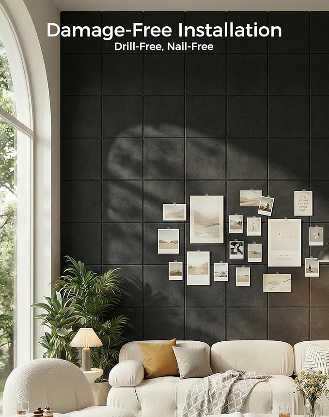 Aothia Felt Bulletin Board Tiles for Wall, 12 Pack Large 48" x 36", Felt Wall Tiles Cork Board Alternative, Adhesive Bulletin Board Tiles for Office, Classroom & Home, Black