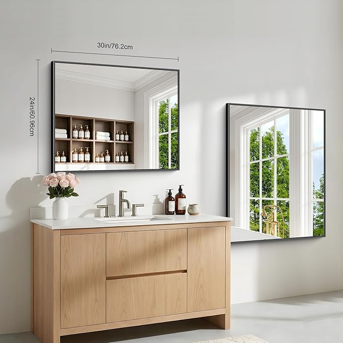 BONEWEI Bathroom Mirror,24x30 inch Wall Mirror for Bathroom Wall Mounted Black Rectangle Square Corner Mirrors,Black Bathroom Mirror for Living Room,Farmhouse,Bedroom Entryway,Horizontal/Vertical
