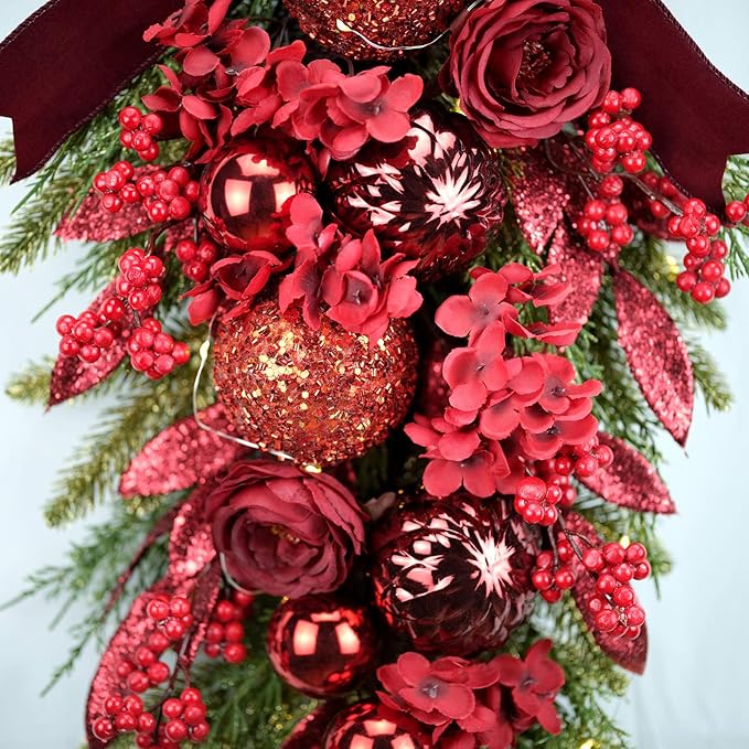 24" Decorative Teardrop Swag, Artificial Christmas Swag with Red Hydrangea & Baubles, Purple Bowknot, Red Berries, Sparkling Leaves, Pine Needles