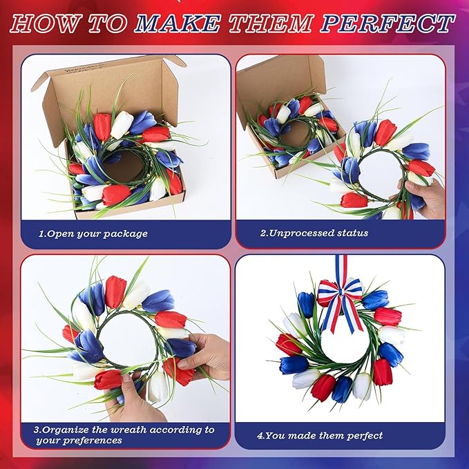 6 PCS 4th of July Hanging Wreaths for Cabinet Small Patriotic Tulip Silk Independence Day Wreaths for Front Door with Red White and Blue Flower Memorial Day Labor Day Candle Wreath for Home Wall Decor