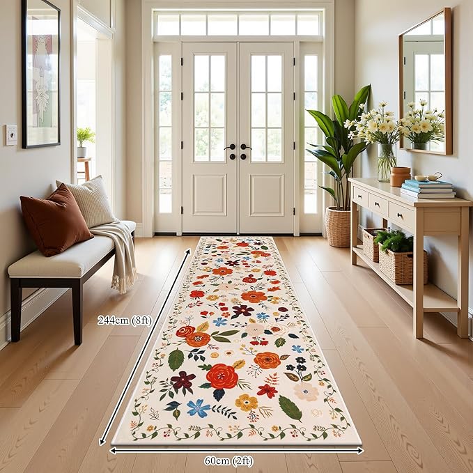 U'Artlines 2' x 8' Colorful Floral Runner Rug for Hallways Kitchen Soft Non Slip Washable Floor Carpet Runners for Entryway Laundry Room Bathroom Beige
