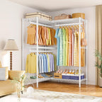 E15 Garment Rack L Shaped Clothes Rack for Corner，Freestanding Clothing Racks for Hanging Clothes，Heavy Duty Closet Organizer with 4 Hanging Rods & 8 S Hooks，43.4" W x 15.8" D x 78.4" H，White