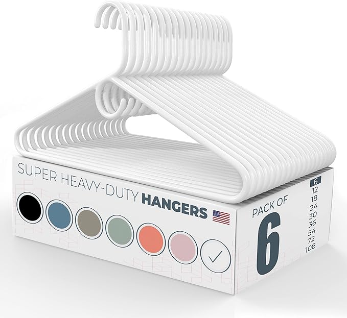 Neaties Super Heavy Duty Clothes Hangers 6 Pack – Made in the USA - 10lb Capacity, Thick Plastic Hangers for Pants, Coats, Jackets, Jeans and Adult Clothing – White