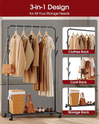 Clothes Rack - Metal Coat Rack with Bottom Shelf, Portable Wardrobe Rack with 6 Side Rods, Rolling Clothing Rack for Hanging Clothes for Bedroom or Laundry Room (Black, 28.7 x 17 x 59.4)
