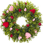 HipTree 18 Inch Spring Mothers Day Heart Wreath for Front Door,Artificial Boxwood Wreath with Flocked Pink & Red Hearts- Romantic for Valentines Day,Anniversary,Wedding,Indoor Outdoor and Wall Decor