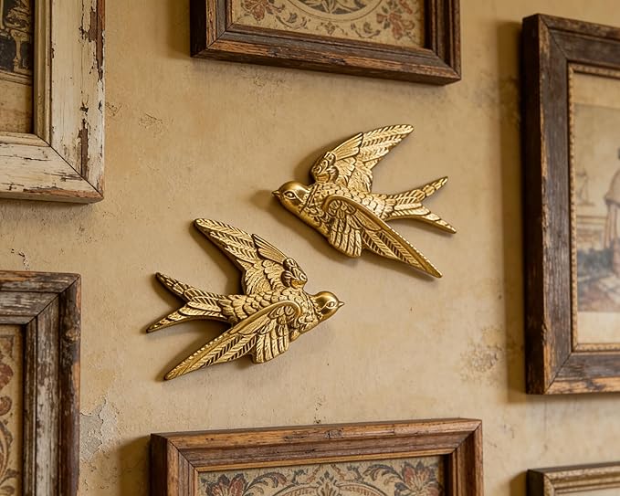 AMOIENSIS Golden Bird Wall Sculpture Art, (Set of 2) 4¾ inch Resin Bird 3D Sculpted Floating Hanging Wall Sculpture Decoration