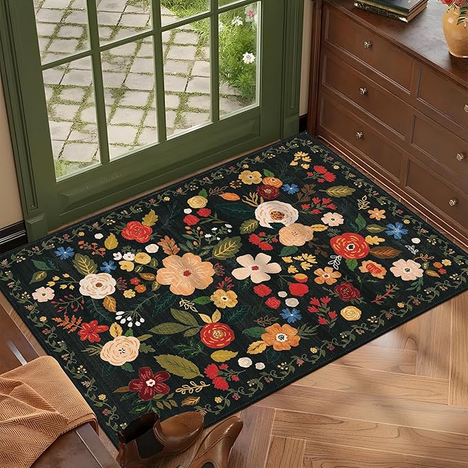 U'Artlines Indoor Door Mat Entrance Rug 2'x3'Soft Non Slip Machine Washable Floral Small Area Rug Carpet for Entryway Kitchen Bathroom Bedroom Black Green