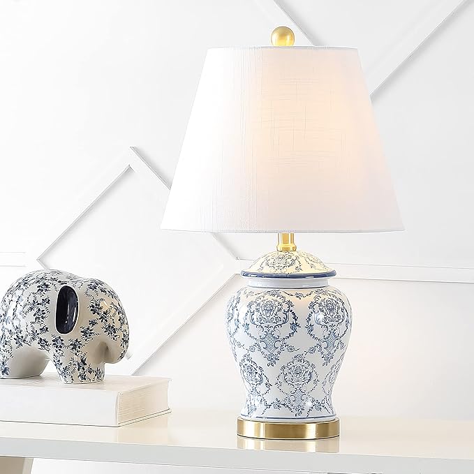 JONATHAN Y 22.25" Blue/White Chinoiserie Ceramic Urn Table Lamp, Traditional Classic Nightstand Lamp for Living Room Bedroom, White Linen Shade, LED Bulb Included JYL3085A