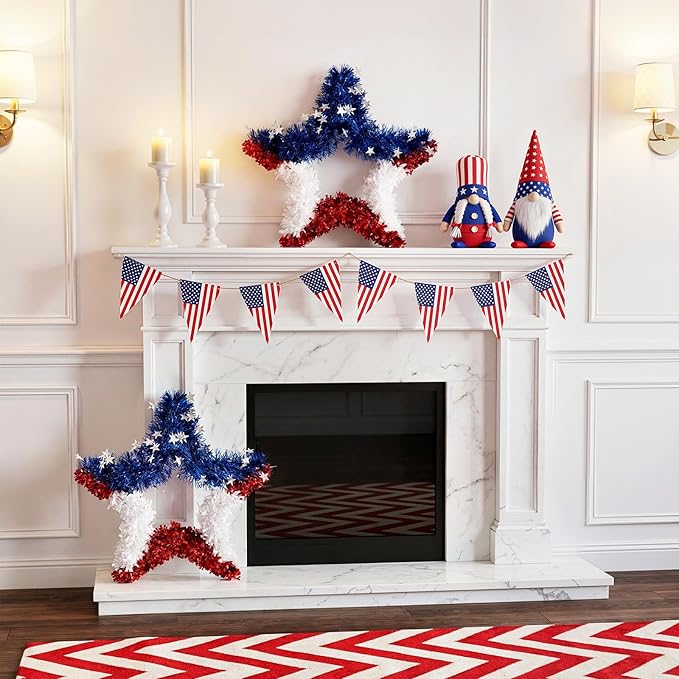 VeriNatural 4th of July Decorations - 19" Patriotic Red White and Blue Star Garland - Independence Day Tinsel Garland for Indoor Outdoor,Golf Cart, Party,Door and Wall Hanging Decor