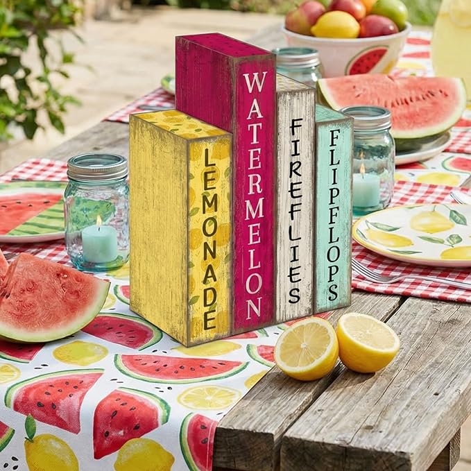 Lineshading 4 Pcs Summer Table Decoration Wooden Book Lemon Watermelon Wooden Sign Yellow and Red Summer Tiered Tray Decor Wood Book Sign Farmhouse for Home Shelf Coffee Table