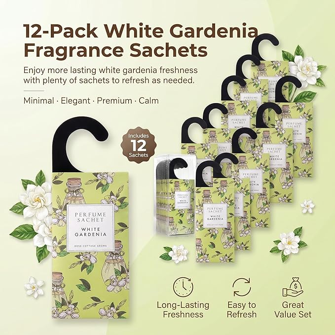 ROSE COTTAGE Large 12 Packs White Gardenia Hanging Closet Deodorizer Air Freshener Long Lasting Scented Sachets Smell Goods for House