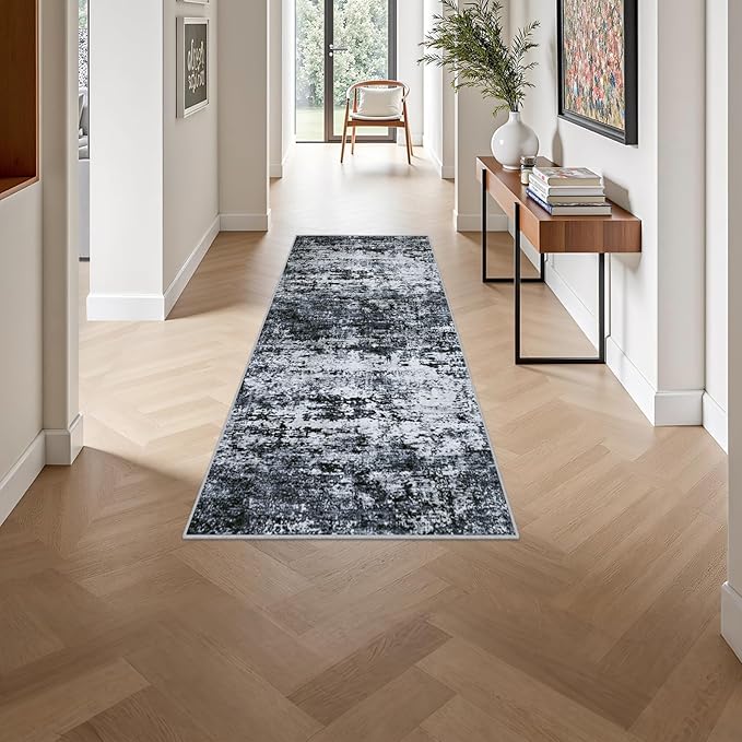 2'x5'Runner Rug Washable Rug: Modern Abstract Soft Thin Runner Rug Black