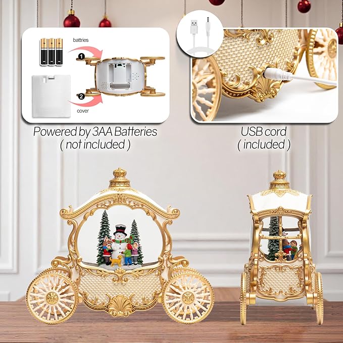 Christmas White Carriage Snow Globe Lantern with Gift Box - Snowman Scene Water Lantern with Glitter Snow - Musical Holiday Decor with LED Light - Battery Or USB Powered Operated (White with gold)