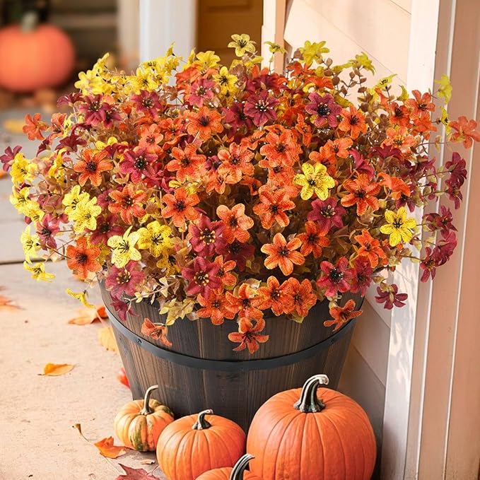 Artificial Mums Fake Fall Flowers for Outdoors Decoration, 12 Bundles Realistic Autumn Silk Daisy Faux Plants UV Resistant Decor for Home Garden Porch Patio Yard Balcony Window (Yellow Brown Orange)