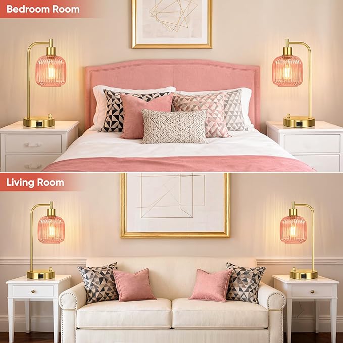 QiMH Industrial Table Lamp for Bedroom Set of 2, Pink Glass Beside Lamp with USB A&C Ports, Stepless Dimmable Gold Lamps, Nightstand Lamps for Living Room, Office, Home Decor(Bulb Included)