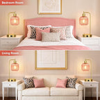 QiMH Industrial Table Lamp for Bedroom Set of 2, Pink Glass Beside Lamp with USB A&C Ports, Stepless Dimmable Gold Lamps, Nightstand Lamps for Living Room, Office, Home Decor(Bulb Included)
