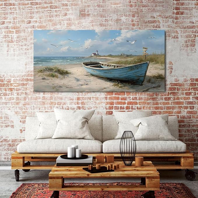 Beach Wall Art Coastal Wall Decor Nautical Ocean Canvas Picture Nature Boat Seagull Seascape Prints Artwork Bathroom Decor Rustic Seaside Scenery Painting Living Room Bedroom Home Decoration 24x48"