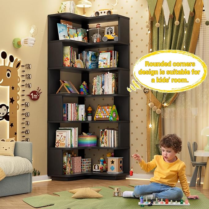 Armocity Corner Book Shelf - 7 Tier Corner Bookshelf Etagere Bookcase with Baffle, Freestanding L Shaped Display Shelf Stand for Home Office, Living Room, Bedroom, Kitchen, Black