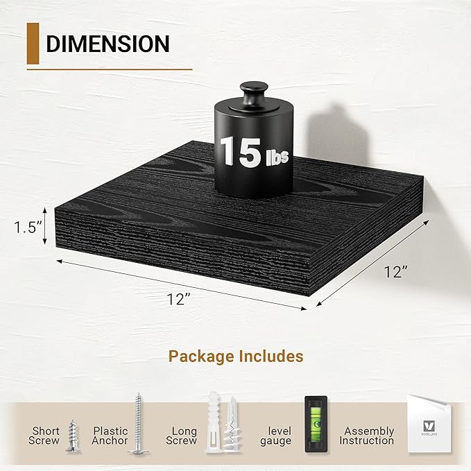 Vivelove Black Floating Shelves for Wall 12 Inches Wide, 12" Deep Wall Shelves for Bedroom, Bathroom, Living Room, Kitchen, Office, Home Decor Shelf with Invisible Brackets,12" X 12" X 1.5", Set of 2