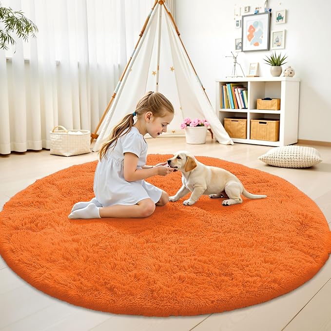 OLANLY Orange Round Rugs for Bedroom - Machine Washable, 6 ft Circle Area Rugs for Living Room, Soft and Fluffy Shaggy Carpet for Teen Girl and Boys, Nursery Rooms, Dorms, Home Decor Aesthetic