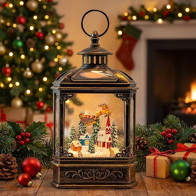 Christmas Snow Globe Swirling Glittering Lantern Santa Flying with Reindeer, USB Lined/Battery Operated Lighted Water Lantern for Christmas Festival Decoration Gifts