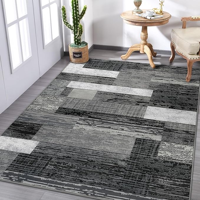 FlyDOIT Modern Geometric Patchwork Area Rug, 8x10 Grey Large Rugs for Living Room, Rockwood Collection Indoor Rugs for Bedroom, Throw Carpet Floor Decor for Entryway Dining Room Office Nursery