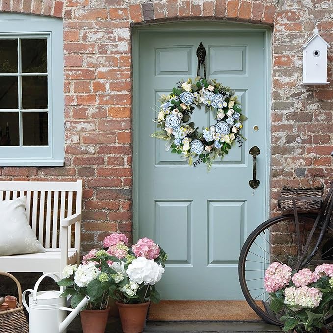 24 inch Spring Front Door Wreath Blue Rose Spring/Summer Flower Wreath Indoor Outdoor Decoration Wedding Birthday Party Decoration