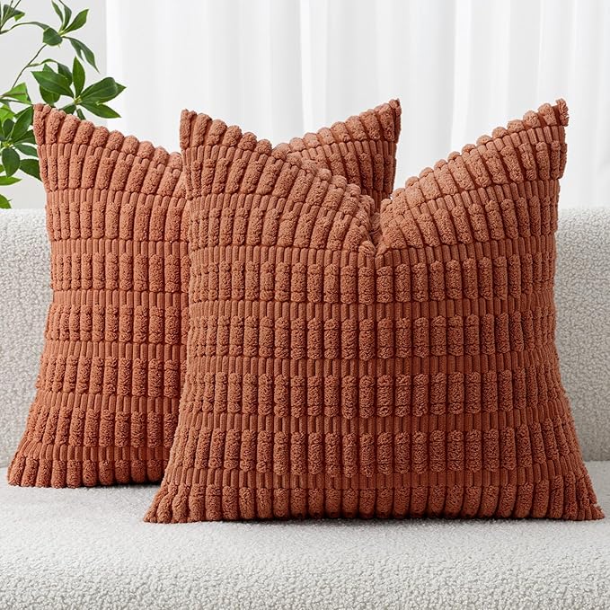 MIULEE Pack of 2 Dark Rust Corduroy Decorative Pillow Covers 20x20 Inch Soft Boho Striped Throw Pillow Covers Modern Farmhouse Home Decor for Summer Sofa Living Room Couch Bed