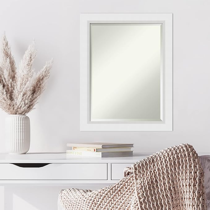 Amanti Art White Wall Mirror 28x22 Blanco White Rectangle Bathroom Mirror for Wall Decor Living Room, Medium Modern Wood Frame, Hangs Horizonally and Vertically, Bathroom Decor, Beveled Edge
