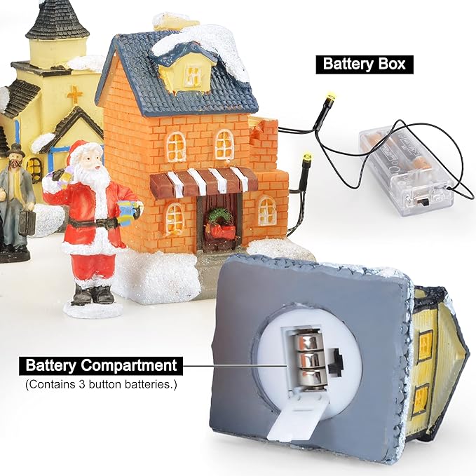 Christmas Village Sets-Christmas Decorations,LED Lighted Christmas Village Houses with Figurines, Christmas Village Collection Indoor Room Decor - Collectible Buildings
