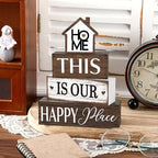 Cinnvoice 4 Pcs Farmhouse Tabletop Decor Rustic Family Blessed Home Table Centerpiece This Is Us Sign for Kitchen Shelf Desk Fireplace Mantel Tiered Tray Decor(Home This is Our Happy Place)