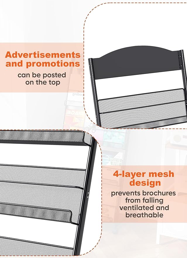 Baoz Magazine Rack Floor-Standing 4-Layer, Brochure Display Stand, Detachable Magazine Display with Wheels, High-hardness Metal Magazine Holder for Exhibitions, Office, Shopping Malls