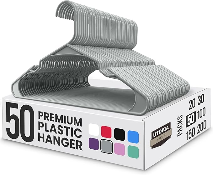 Utopia Home Plastic Hangers 50 Pack - Perfect Space Saving Clothes Hanger - Durable and Strong - Perfect Closet Organizers with Shoulder Grooves (Grey)