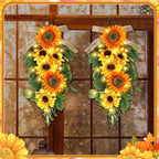 Lyrow 4 Pcs Cordless Prelit Christmas Sunflower Artificial Swags 24" Stairway Teardrop Trim Swag with Timer Christmas Staircase Decoration Battery Operated Garland for Indoor Outdoor Railing Decor