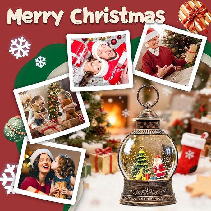 Christmas Snow Globes, 9.45" Santa Claus Glitter Water Lantern with 8 Songs, 6H Timer Battery & USB Powered Music Box for Christmas Decorations Indoor