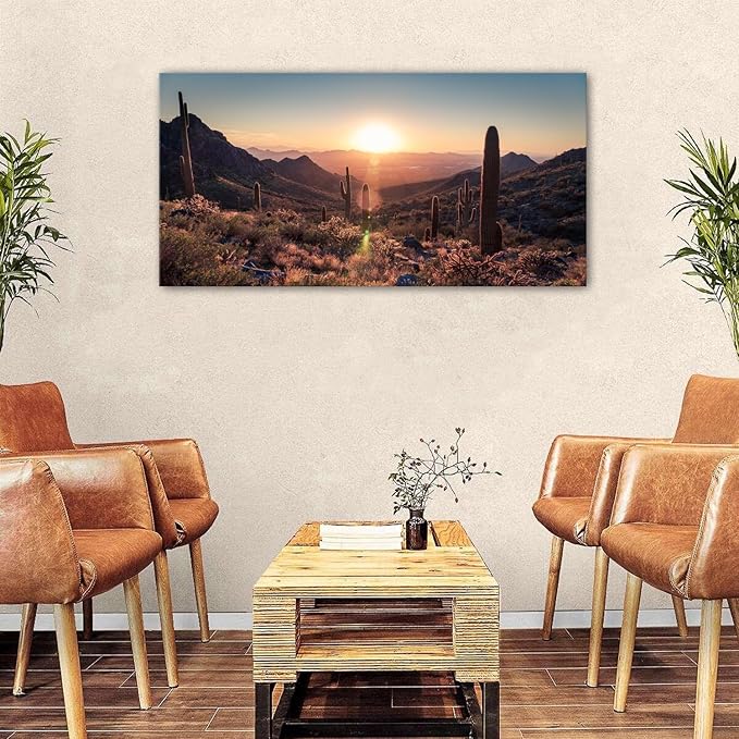 Mountain Wall Art Sunset Cactus Wall Decor Arizona Sonoran Desert Canvas Pictures Saguaro Landscape Photography Prints Western Nature Artwork for Living Room Bedroom Office Home Decoration 24x48"