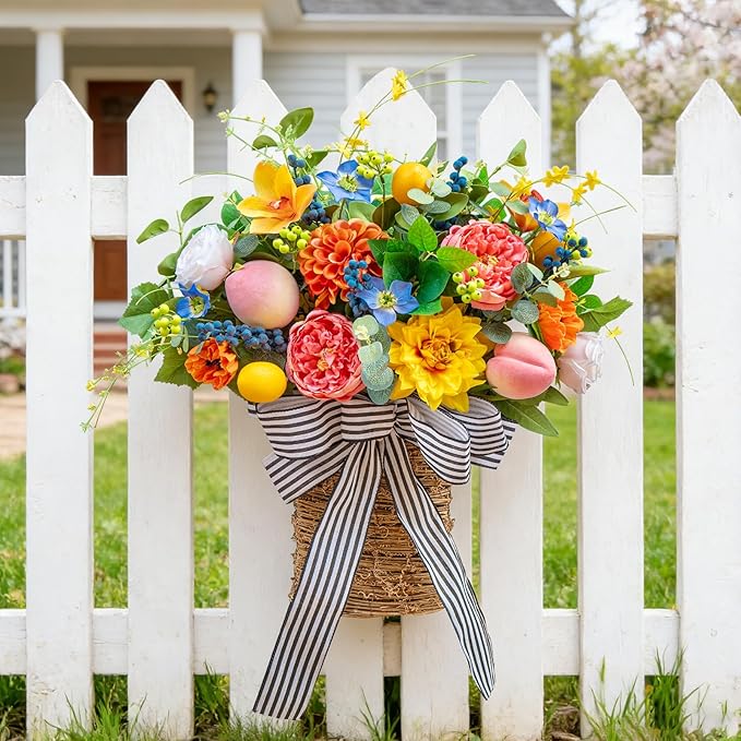 Pinkpuii Spring Summer Door Hanger Basket Wreaths for Front Door, Artificial Peony Hydrangea Flower Wreath with Blueberries & Realistic Peach & Lemon- Ideal for Home Porch Entryway Window Wall Decor