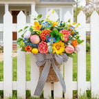 Pinkpuii Spring Summer Door Hanger Basket Wreaths for Front Door, Artificial Peony Hydrangea Flower Wreath with Blueberries & Realistic Peach & Lemon- Ideal for Home Porch Entryway Window Wall Decor