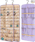 2 Pack Hanging Jewelry Organizer Storage with 39 Pockets, 30 Necklace Hooks Double Sided Wall Mount Earring Holder Organizer Bracelet Necklace Jewelry Display Hanger for Closet Door (Purple)