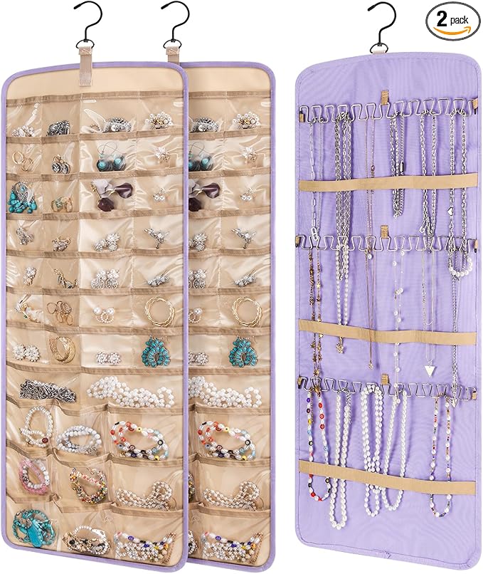 2 Pack Hanging Jewelry Organizer Storage with 39 Pockets, 30 Necklace Hooks Double Sided Wall Mount Earring Holder Organizer Bracelet Necklace Jewelry Display Hanger for Closet Door (Purple)