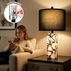 Scenekoy 23" Alabaster Table Lamps Set of 2 with Night Light for Living Room, Rotary Switch, Black Modern Table Lamp with Black Linen Shade, Nightstand Lamp for Bedroom Bedside Office (Bulb Included)