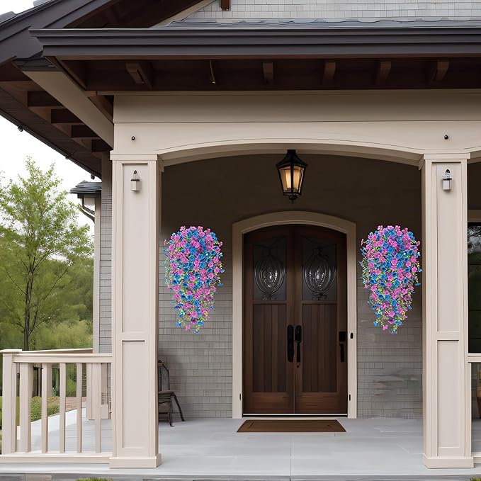 Artificial Flowers for Outdoors Home Decor, 2 Packs Faux Daisy Silk Flower Realistic Fake Plants for Front Porch Courtyard Outside Hanging Floral Spring Summer Fake Planter Decoration (Purple Blue)