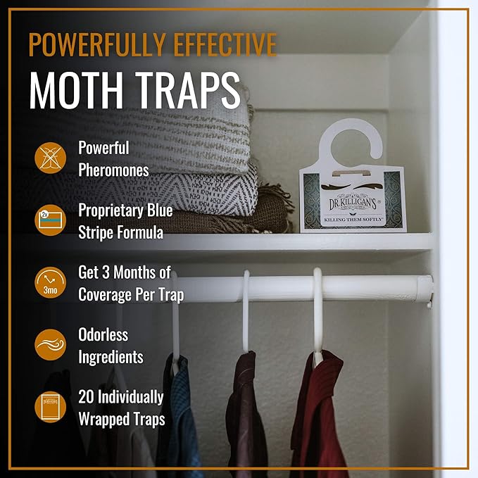 Dr. Killigan's Premium Double Potent Clothing Moth Traps with Pheromones Prime - Trap with Lure for Clothes Closets & Carpet - Case Making & Web Spinning Moth Prevention (20 Pack, White)